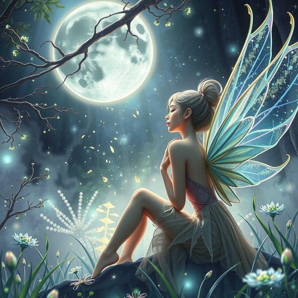 Ethereal Fairy on Crescent Moon in Enchanted Pandora Forest