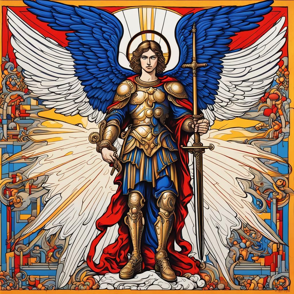Archangel Michael: Bold Line Drawing in Primary Colors