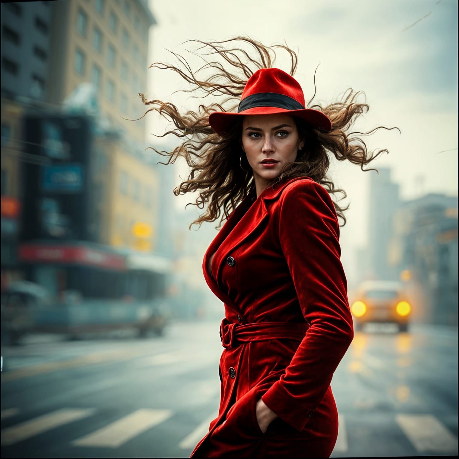 Vibrant, Wind-Blown Woman in Hyper-Realistic Style