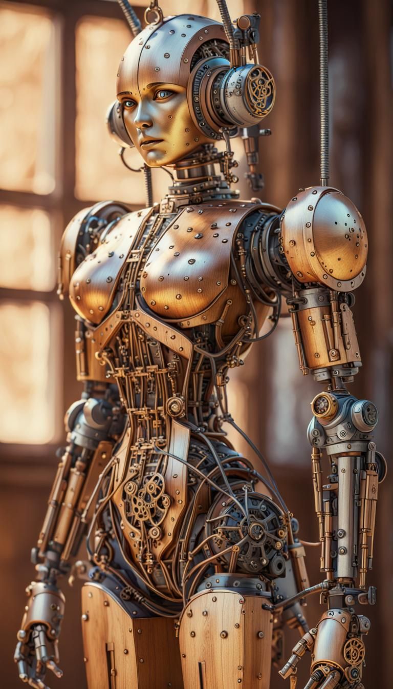 Intricate Steampunk Android Artwork in Pointillist Style