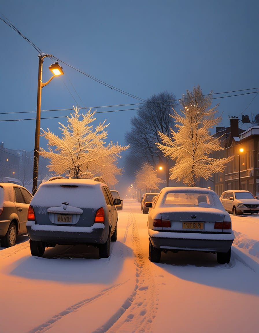 Vibrant Winter Night Scene Under Streetlight