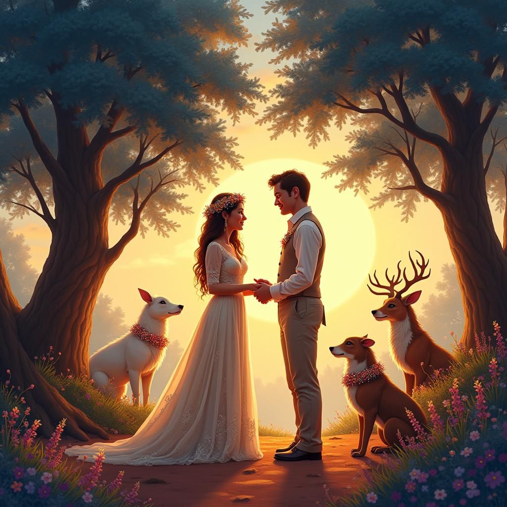 a couple gets married at the edge of the forest with friends...