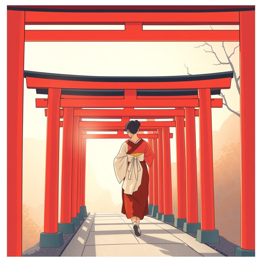 Miko Walks Torii Gates Path in Kyoto, Ukiyo-e Style