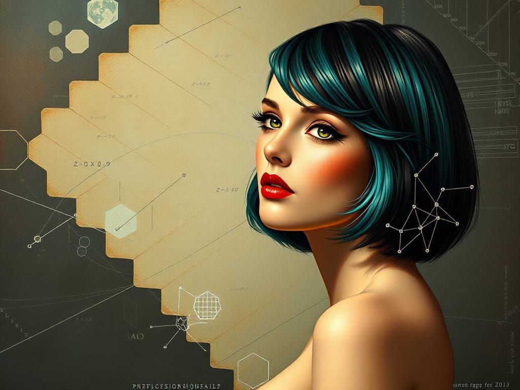 Brunette Pin-Up in Glitch Art Nouveau Style