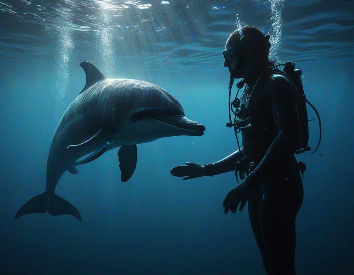 Surreal Diver and Dolphin Encounter in Bioluminescent Ocean