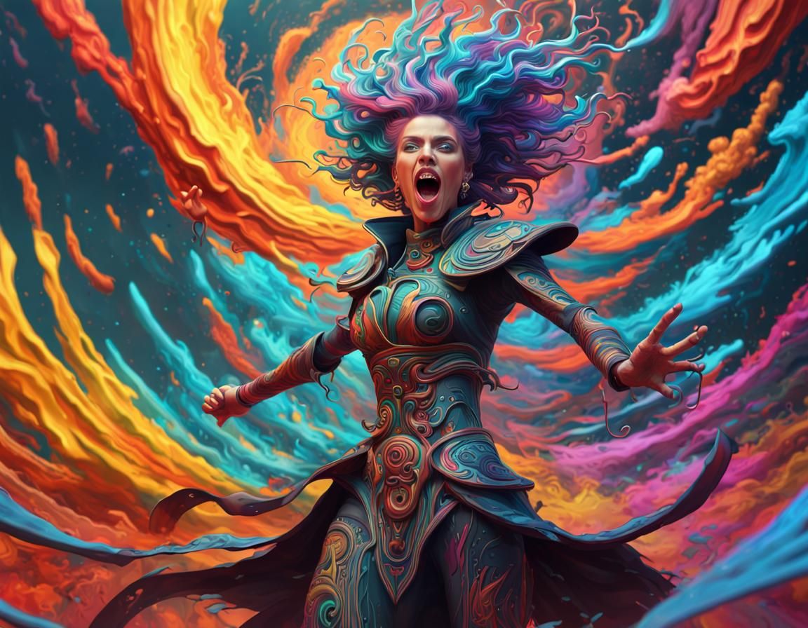 Androgynous Warrior Screaming in Psychedelic Chaos