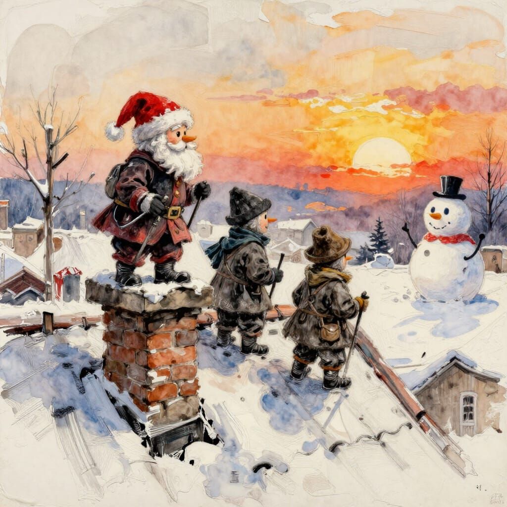 Adorable Chimney Sweeps and Santa on Rooftop at Sunset
