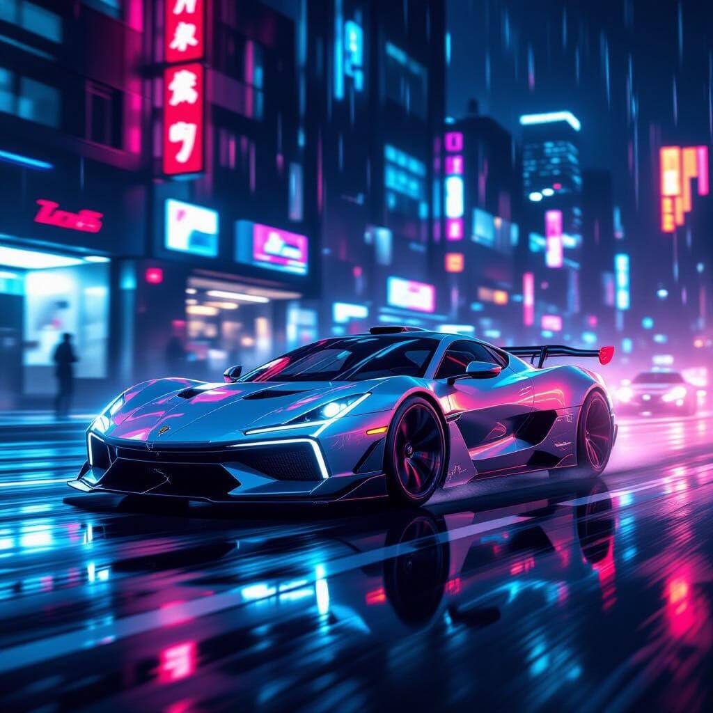 Cyberpunk Sports Car Races Through Neon City