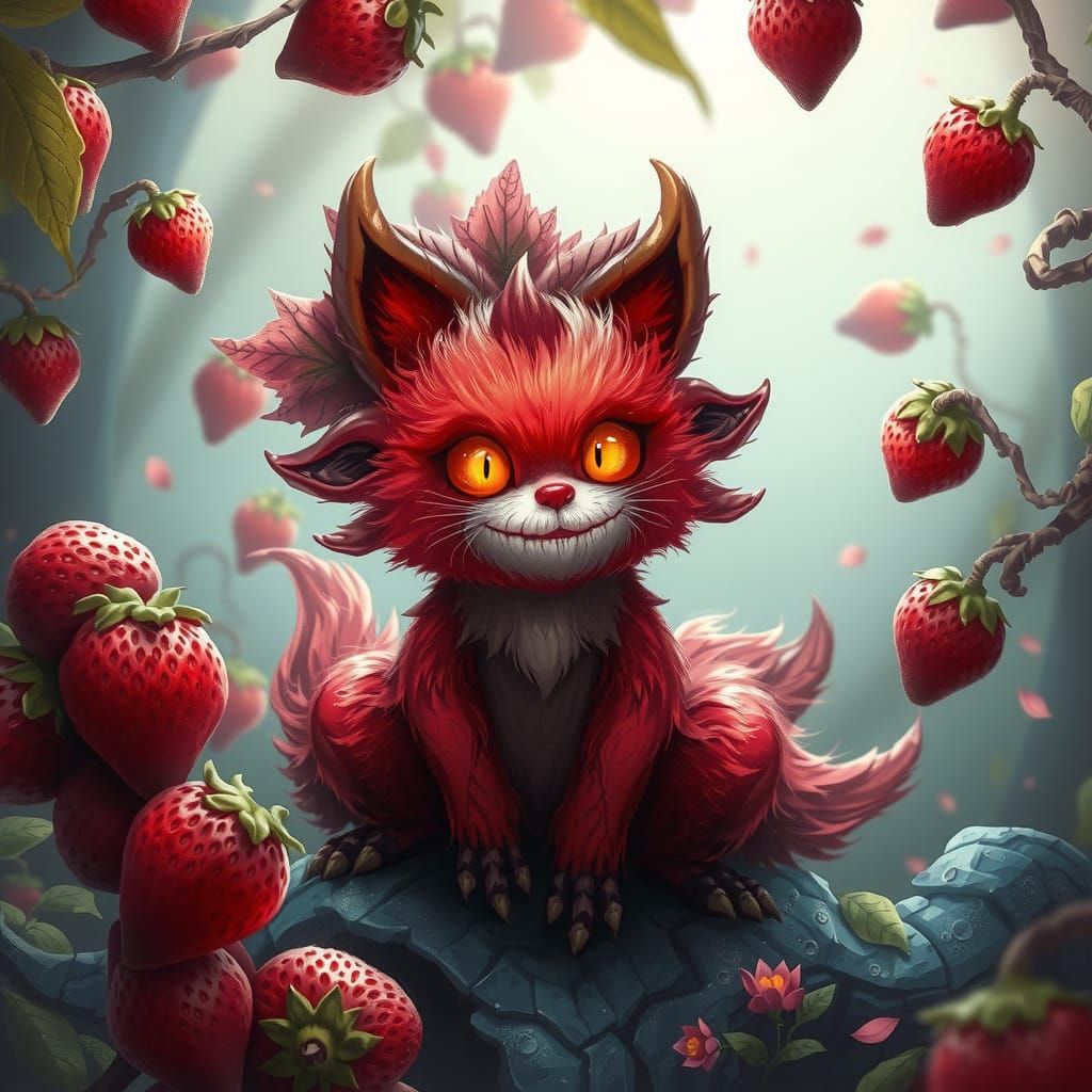 Whimsical Forest Spirit in Vibrant Berry Landscape