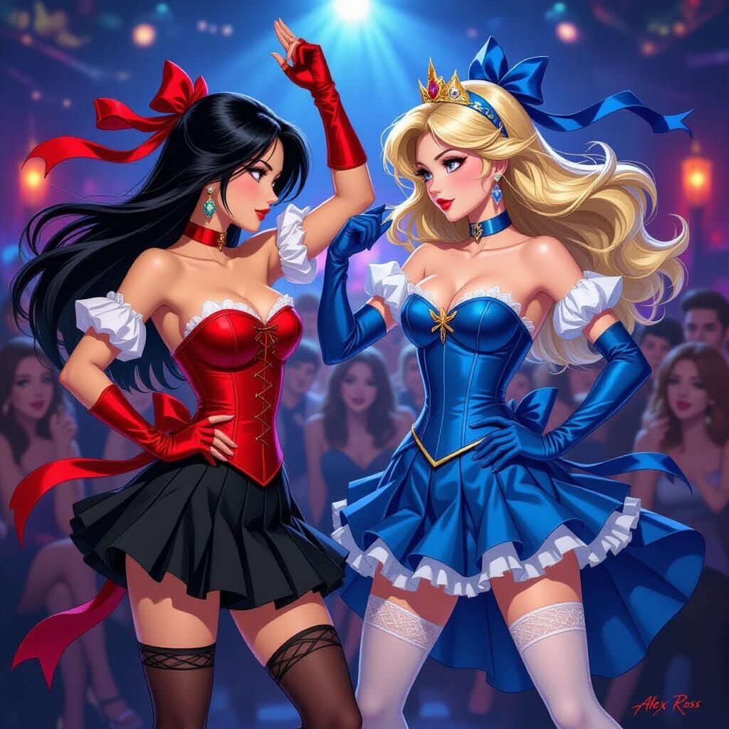 Mulan vs Aurora Anime Dance Battle in Nightclub Oil Painting