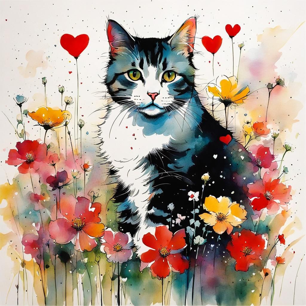 Cute Cat with Flowers in Caricature Style