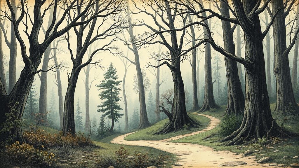 Mystical Grimm Forest Path Vintage Illustration