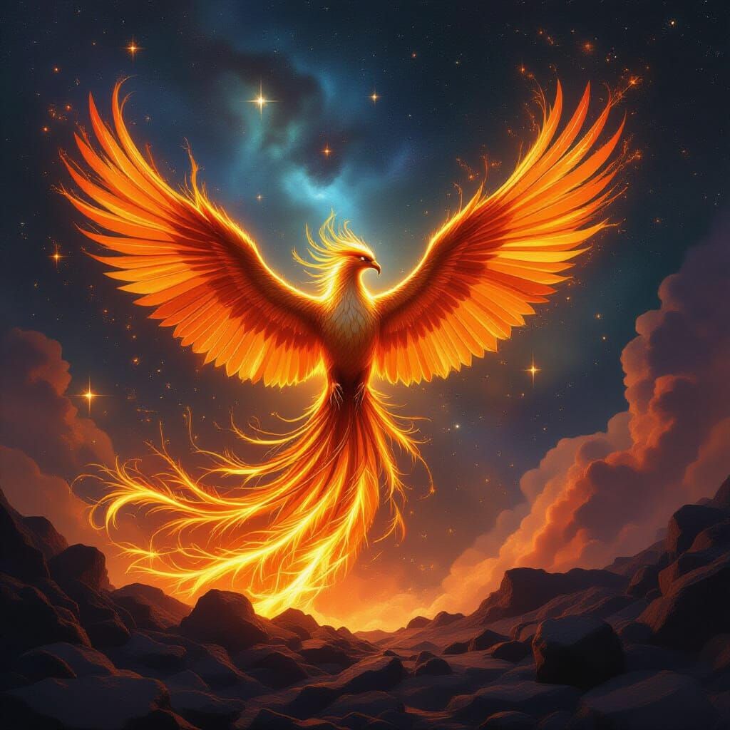 Majestic Phoenix of Gold and Fire Rises from Star Ashes