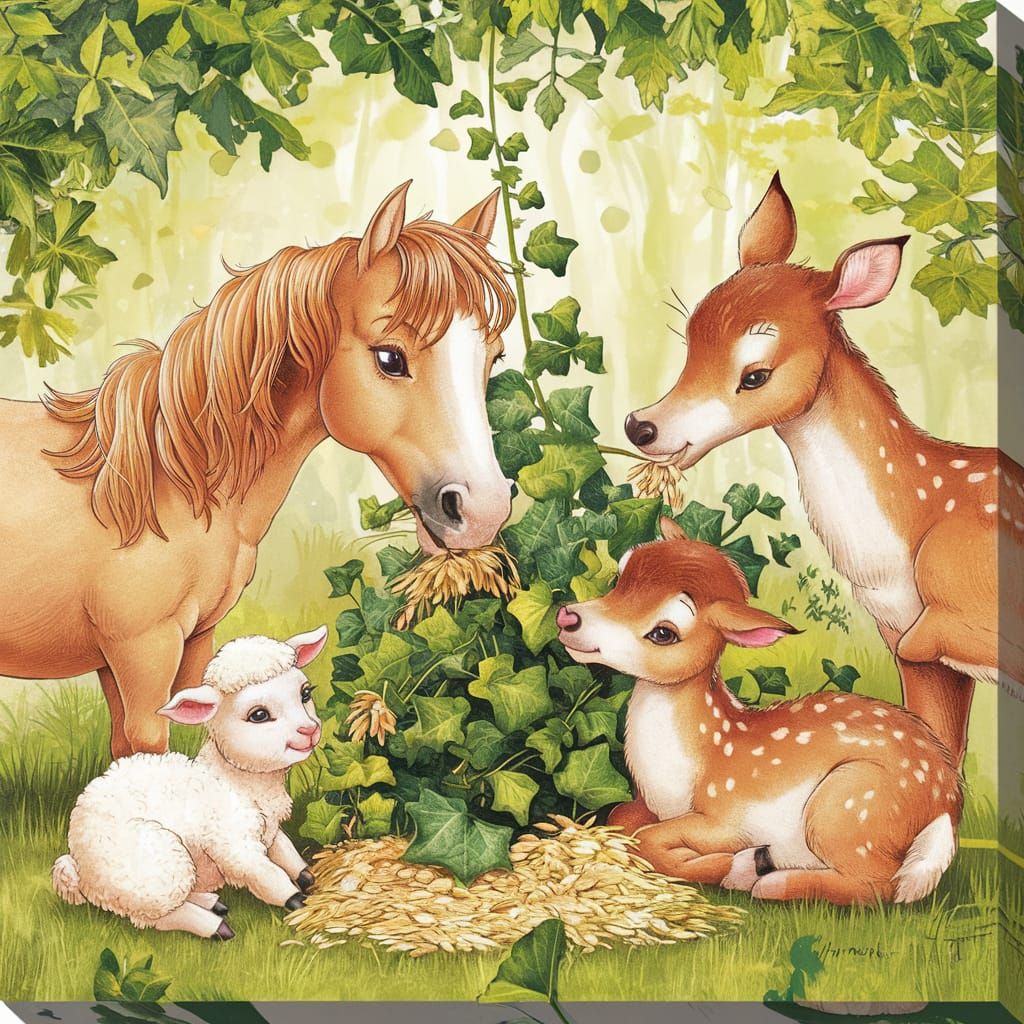 Woodland Animals' Cozy Feast in Dappled Forest