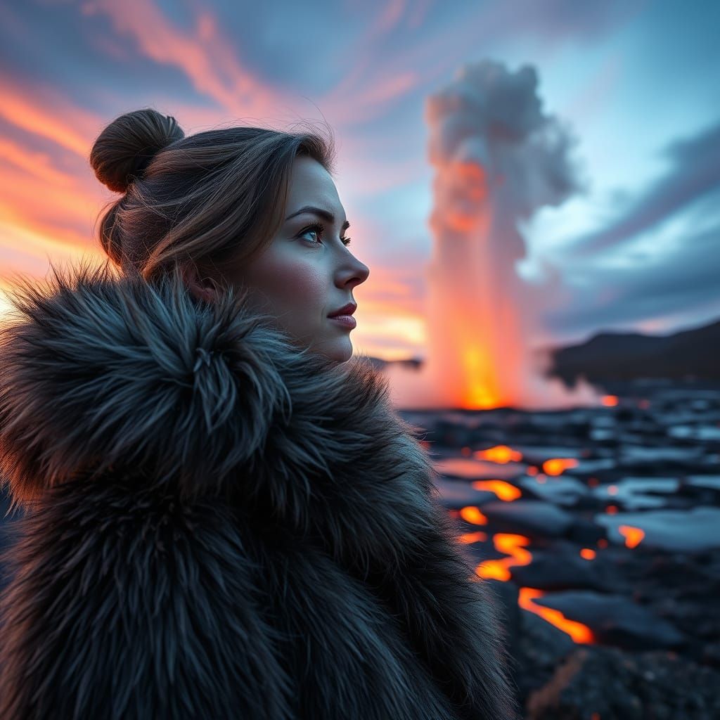 Hyperrealistic Icelandic Woman Gazing at Lava in Ethereal Li...