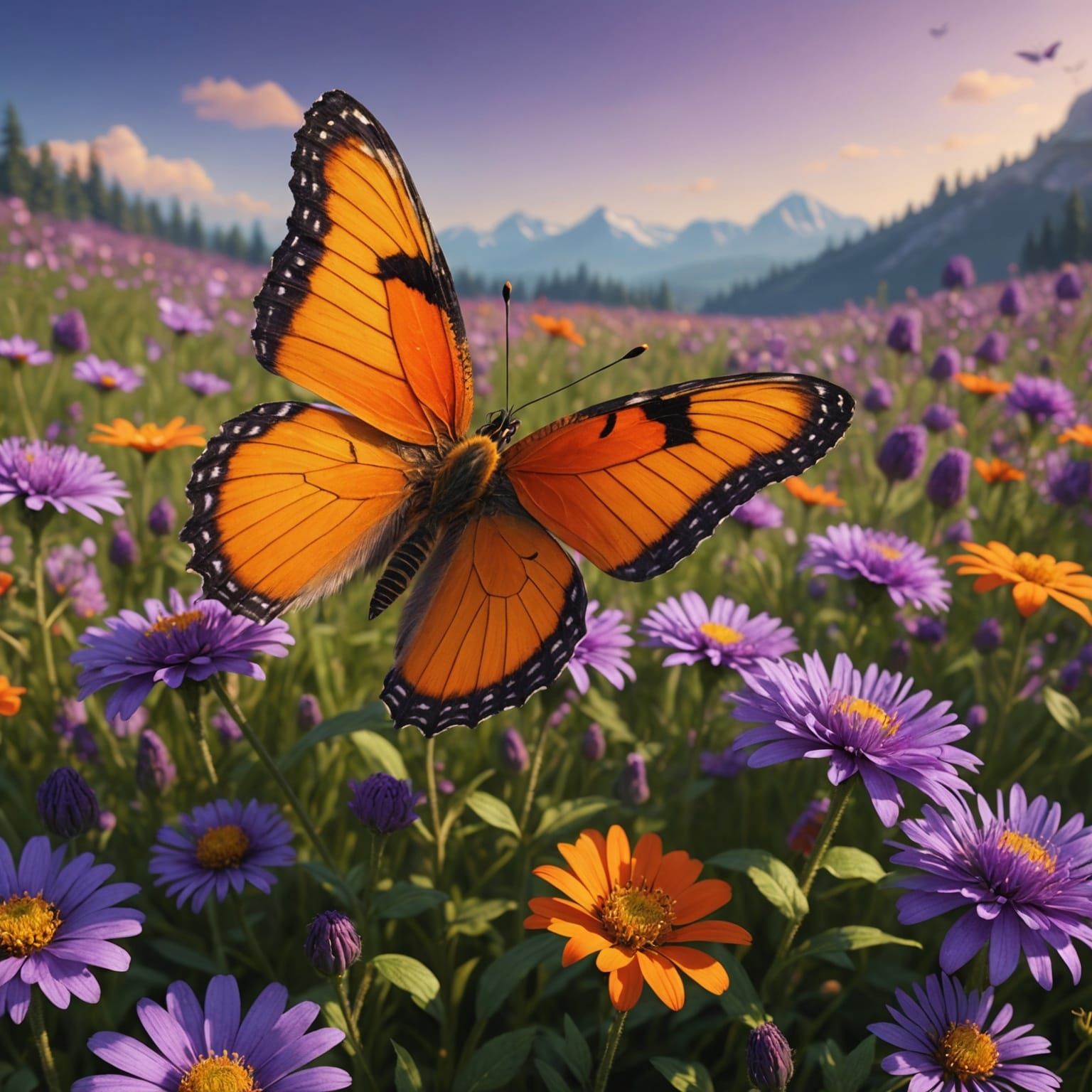 Orange Butterfly on Purple Flower in Colorful Meadow