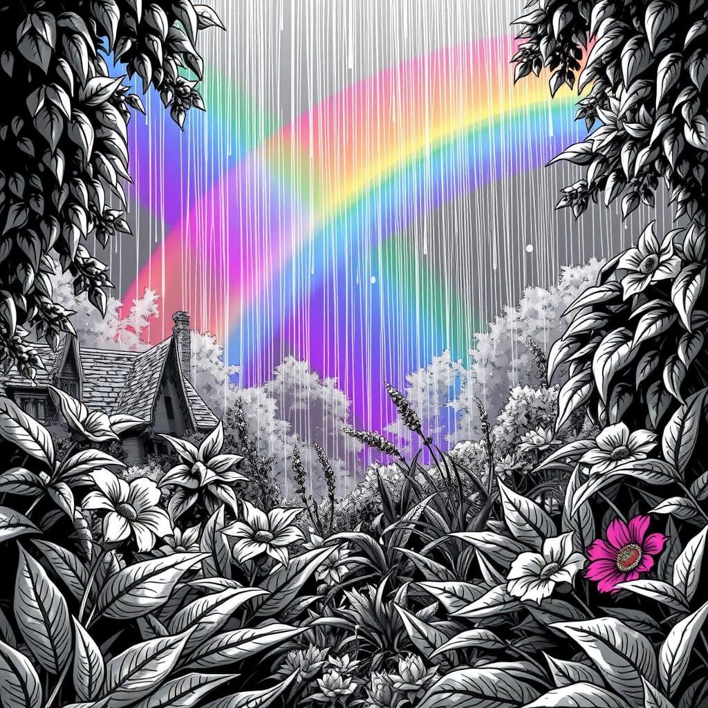 A black and white drawing of a garden with an iridescent rainbow, rain drops colouring in the leaves and flowers