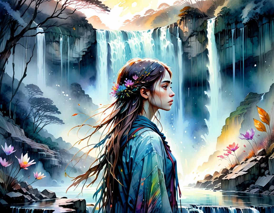 Emotional Woman at Dawn: Digital Watercolor Illustration