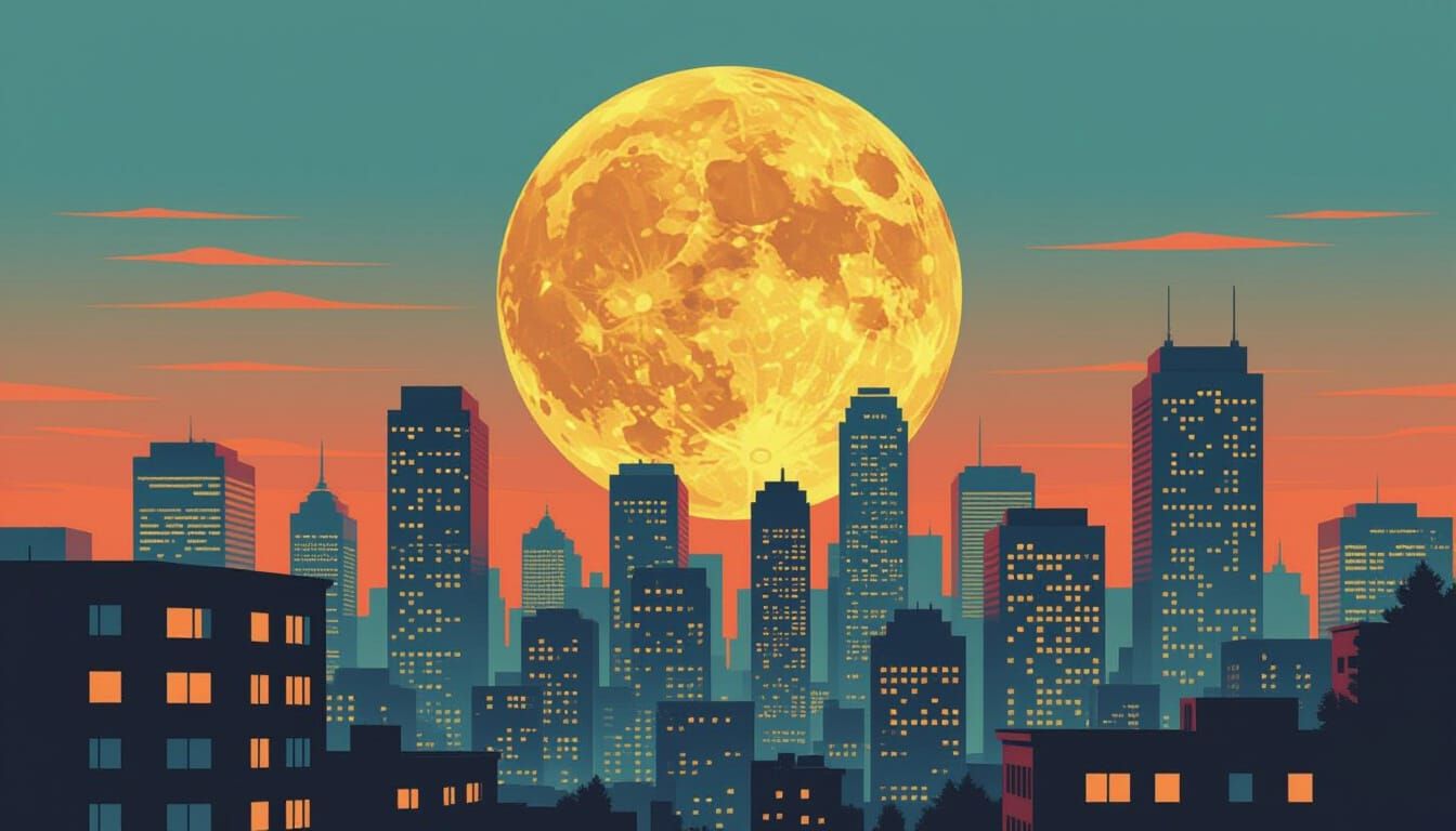 Cherry Moon Over Retro-Futuristic Cityscape