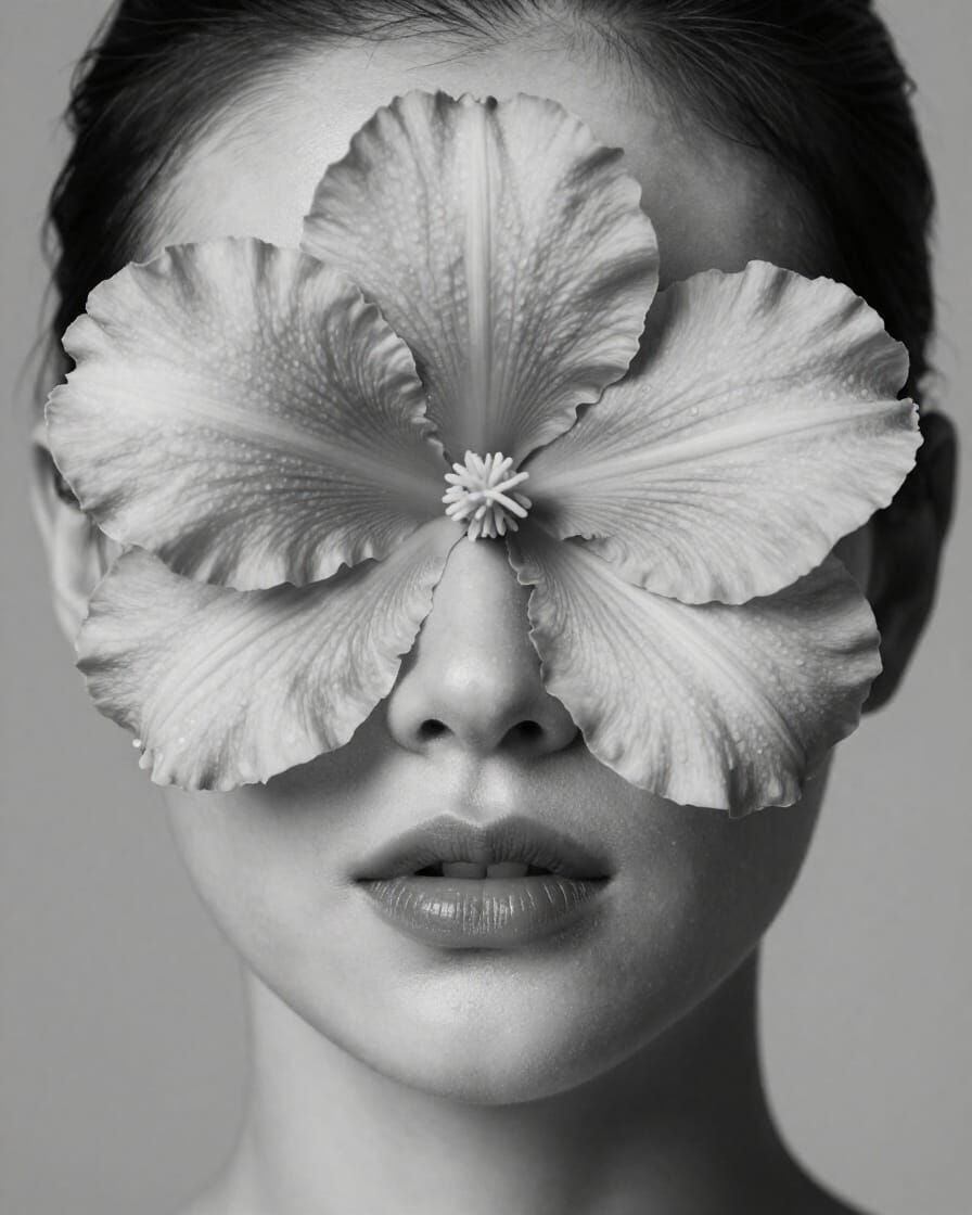 Monochromatic Portrait of Woman With Flower Face Close-Up