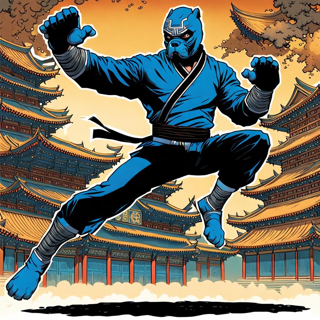 Blue Bulldog in classic Kung Fu Kicking stance, cloth black ...