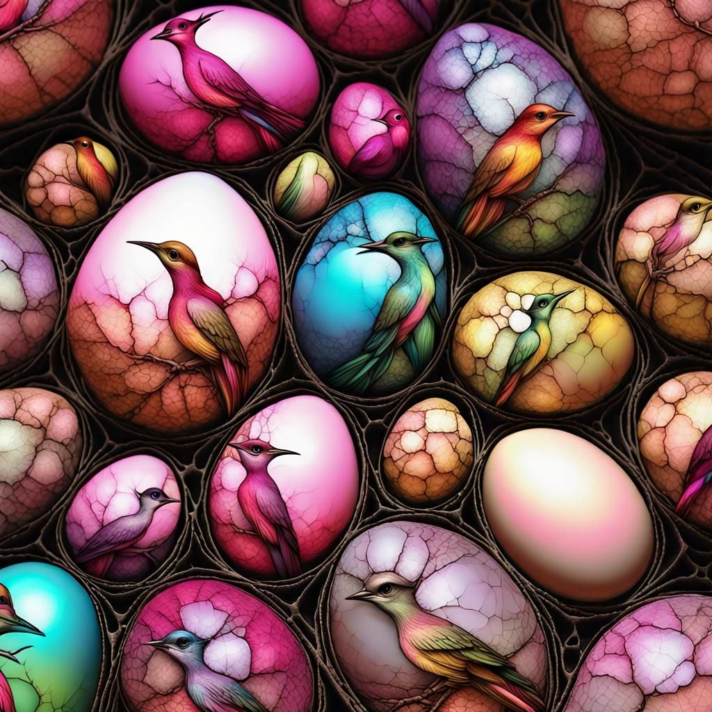 Intricate Bird Hatchlings in Spectral Hues