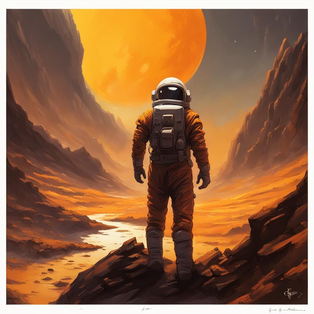 Astronaut Explores Exotic Valley with Orange Sky