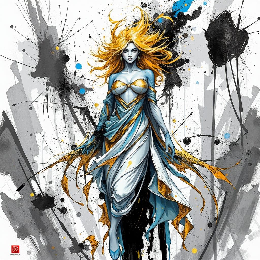 Surreal Golden-Blue Figure in Expressive Ink Art