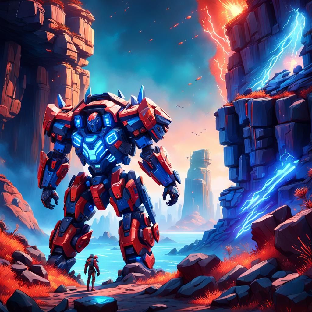 Mecha Battle on Cliff in Unreal Engine 5 Style