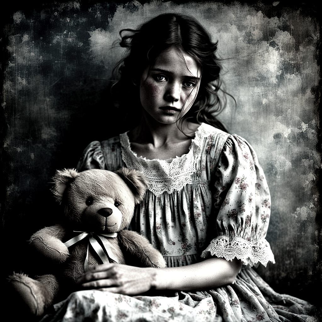 Sorrowful Orphan Girl with Teddy Bear in 1920s Photo