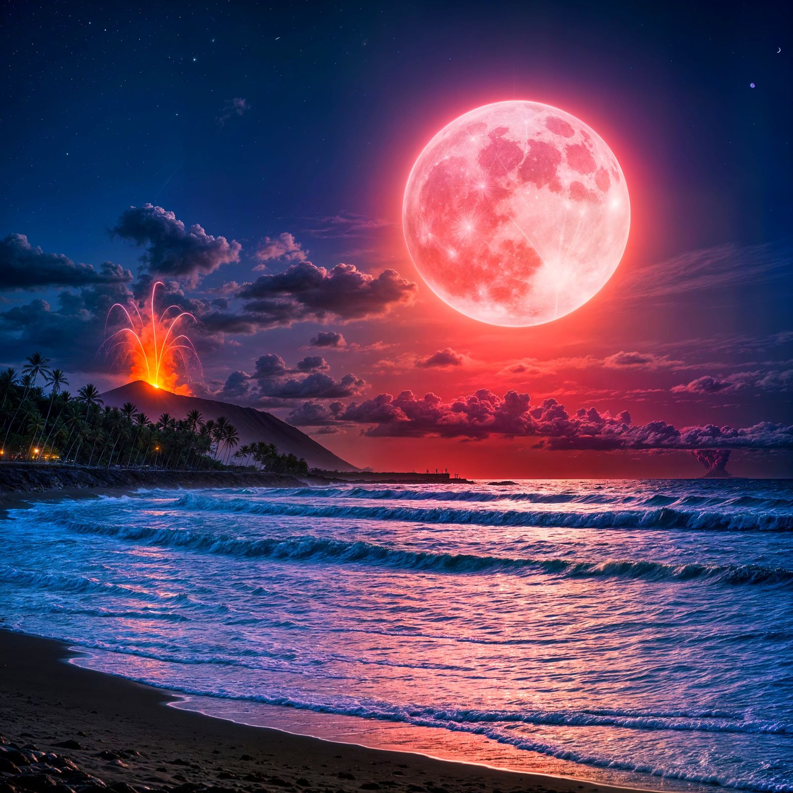 Vibrant Hawaiian Moonlit Beach Scene