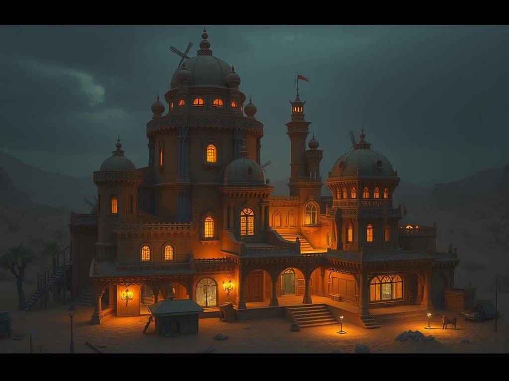 Desertpunk Village with Tension Architecture in Surreal Styl...