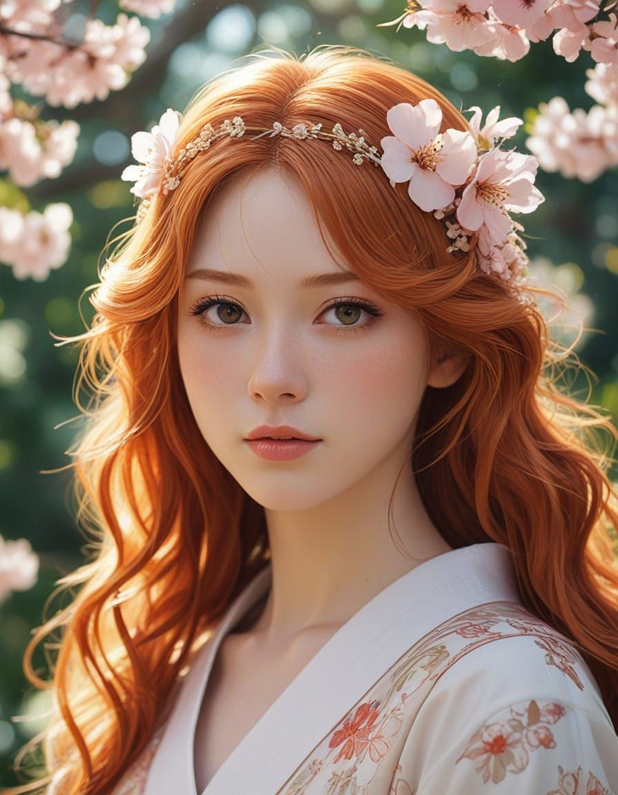 Anime Portrait of a Serene Orange Redhead in a Cherry Blosso...
