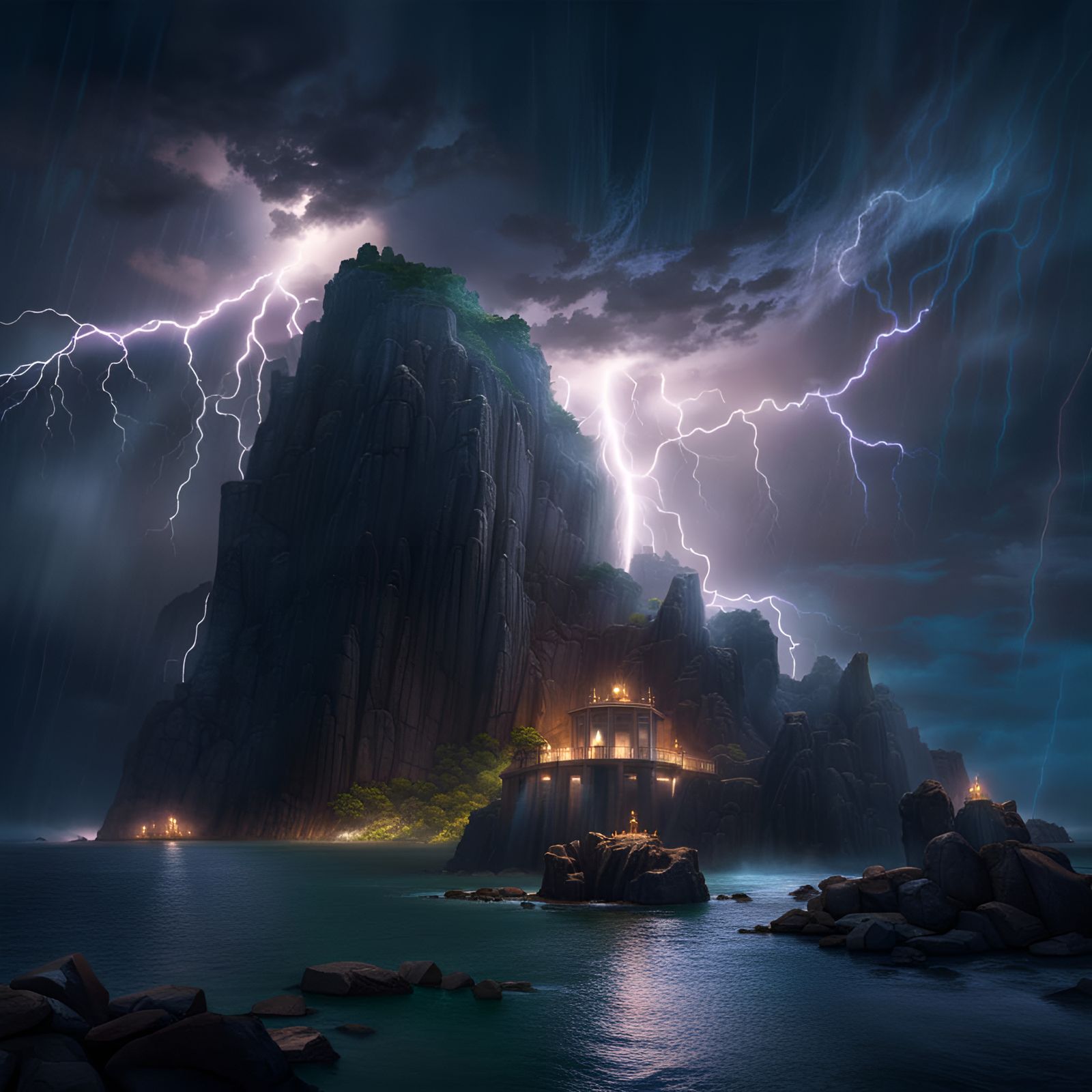 Epic Mermaid in Lightning Storm at Night