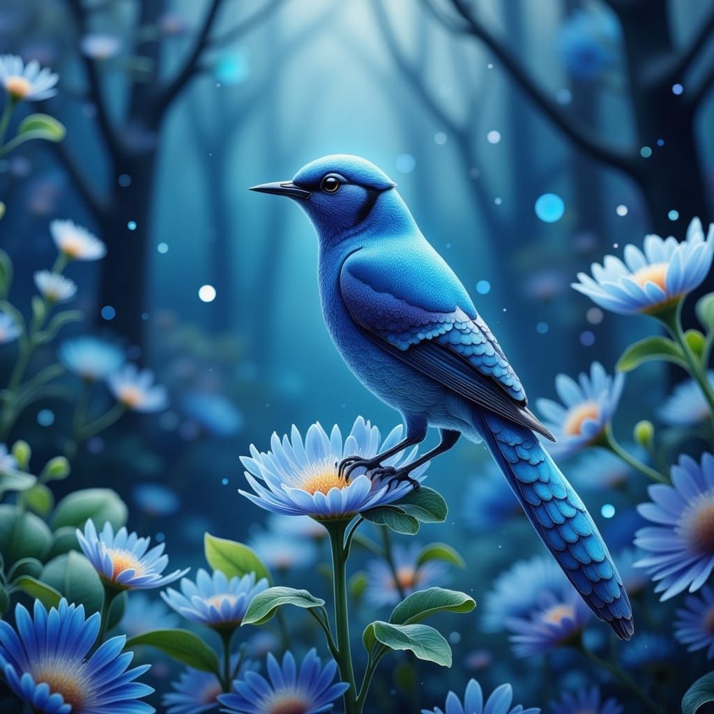 Blue Jay on Blue Flower: Cinematic Digital Art