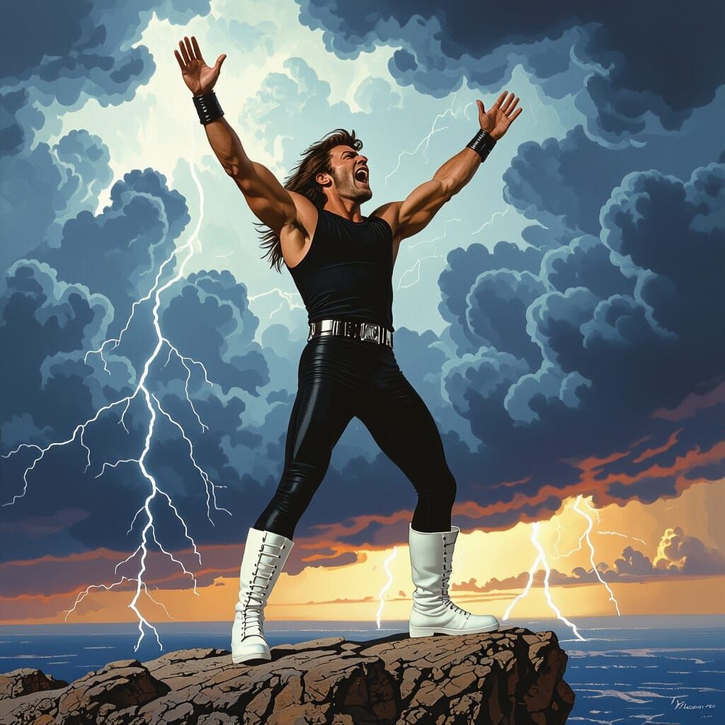 Man on Cliff Shouting at Storm, Digital Art