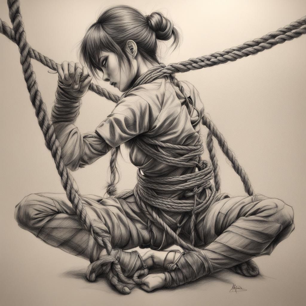 Anime Shibari Lady in Detailed Charcoal Drawing