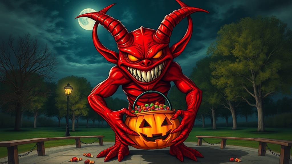 Monstrous Red Demon with Jack-o'-Lantern in Park