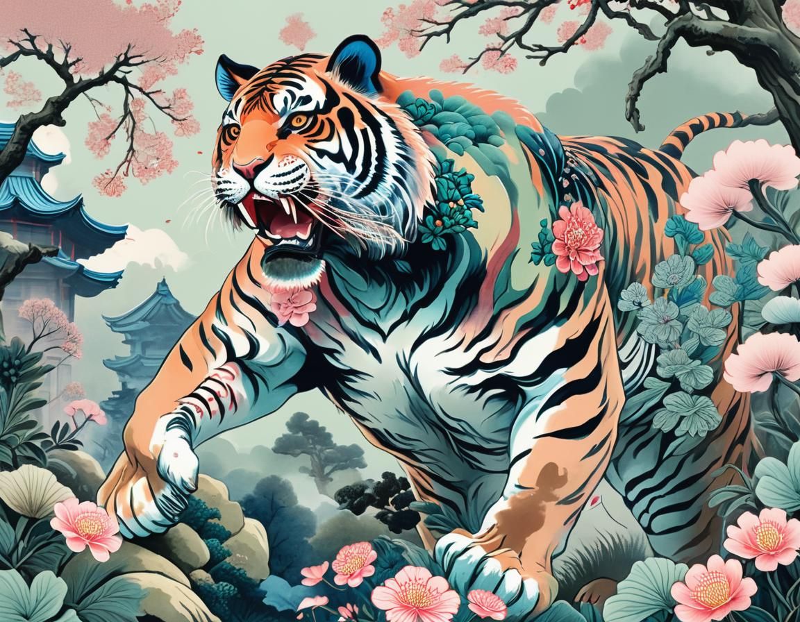 Epic Ukiyo-e Fighting Tiger with Floral Punk Details