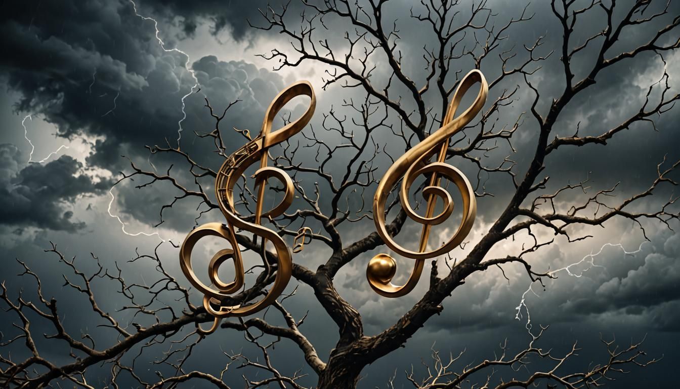 Musical Tree Under Stormy Sky: Cinematic HDR Photo