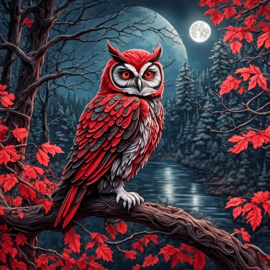 Red and Black Owl in Detailed Pencil Sketch