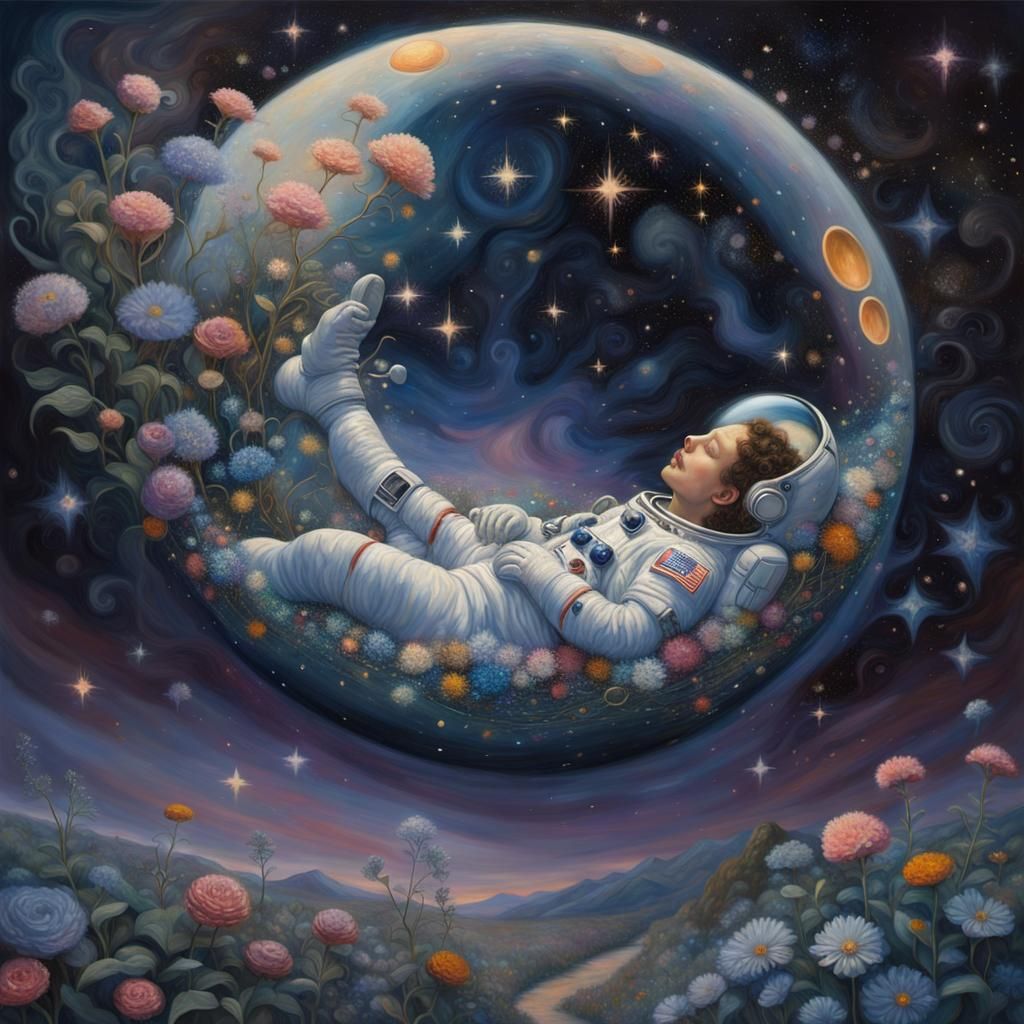 Astronaut Asleep in Floral Starry Sky, Klimt Style