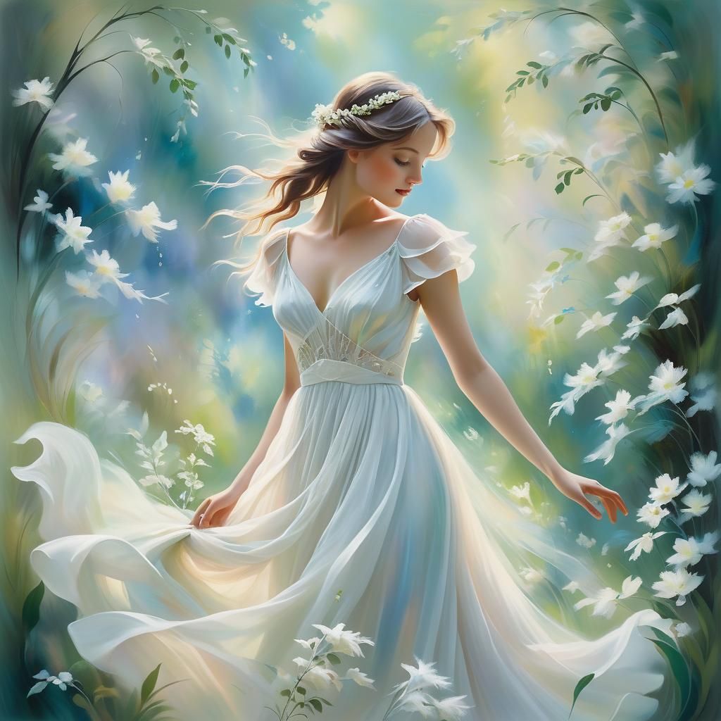 Ethereal Woman Blends into Lush Nature, Oil Painting