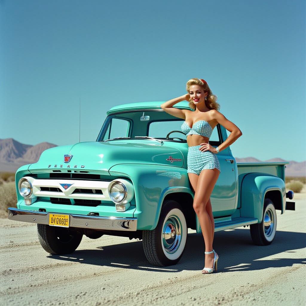 1955 Cyan Ford F-100 Truck with Pin-Up Girl