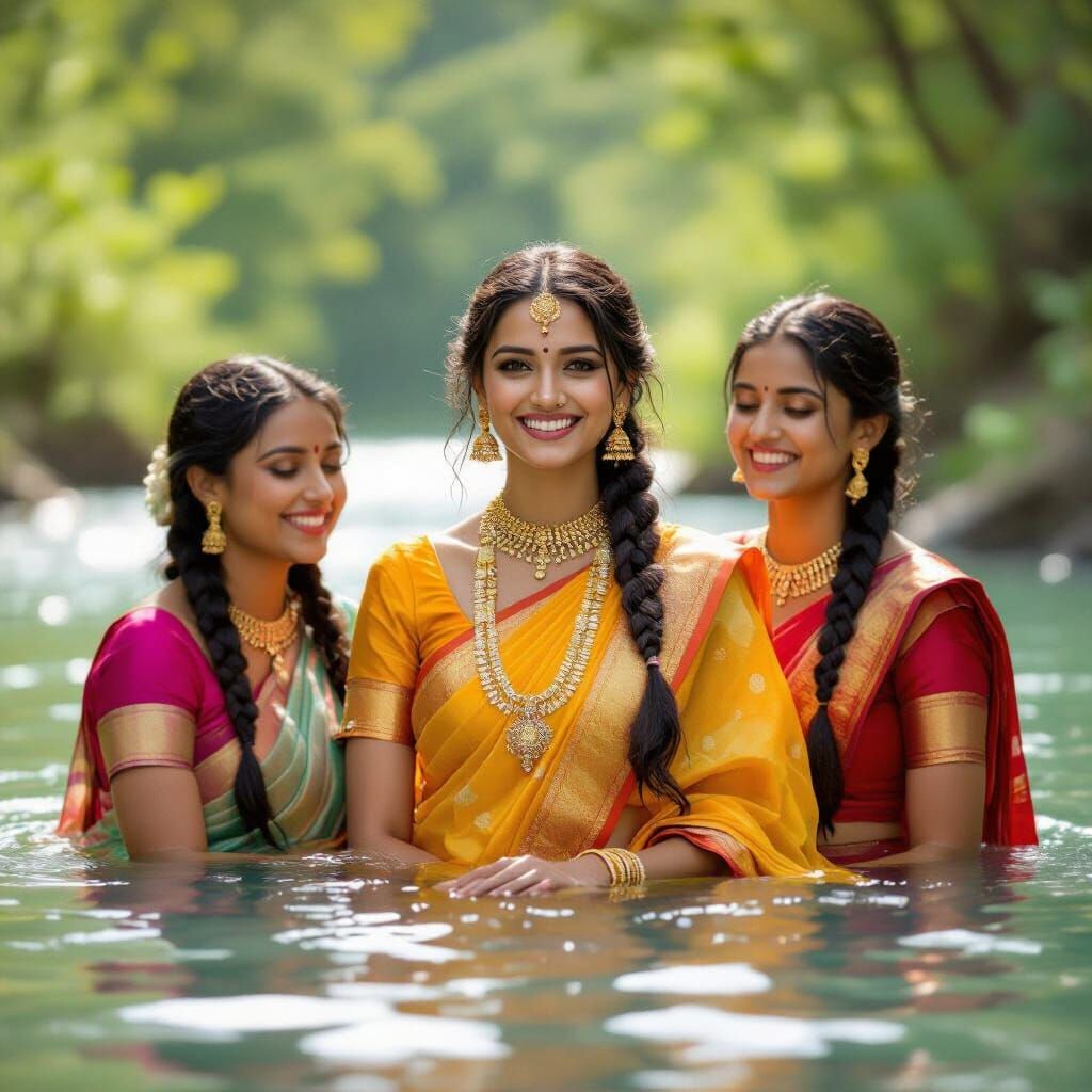 Three Indian Women in Sunlit River