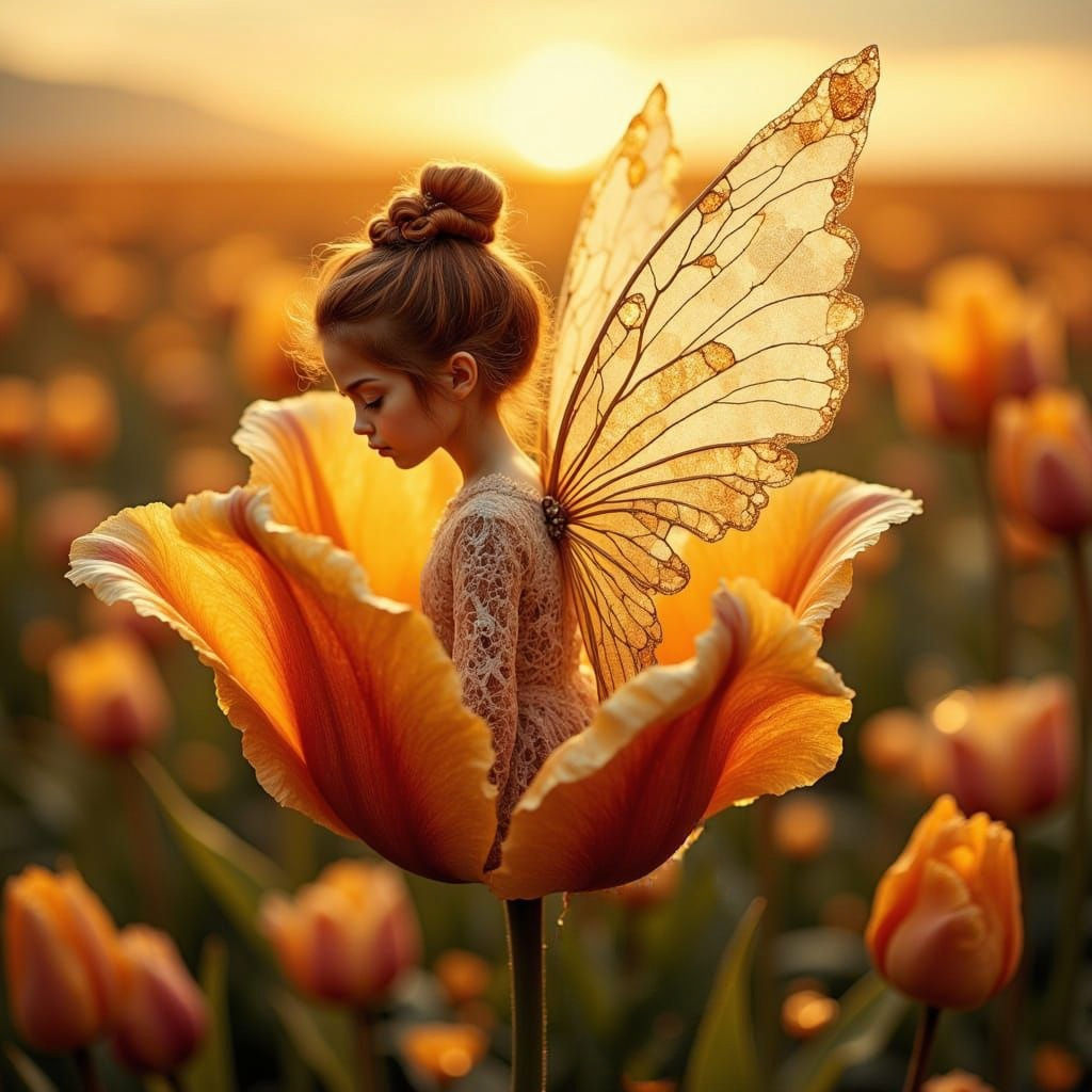Fairy Child in Tulip at Sunset, Fantasy Art