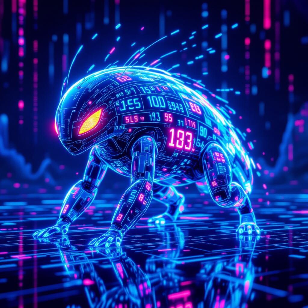 Ethereal Digital Creature with Glowing Neon Numbers