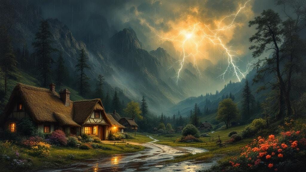 Mountain Village Endures Torrential Storm as Oil Painting