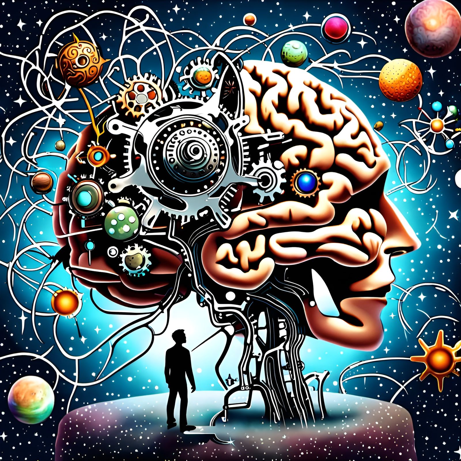 Complex Mechanical Brain with Galaxy Background in 8K