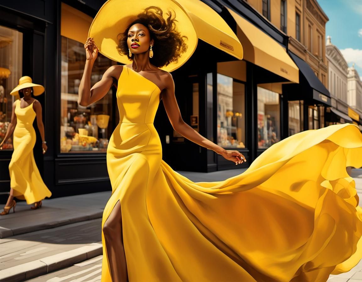 Black Woman in Yellow Couture on Windy Street